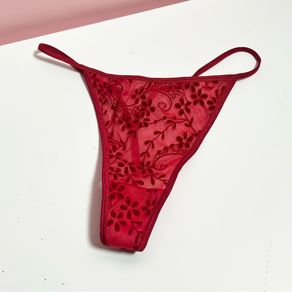 Vintage Y2K 2000s mcblimg red sheer glitter floral g string thong